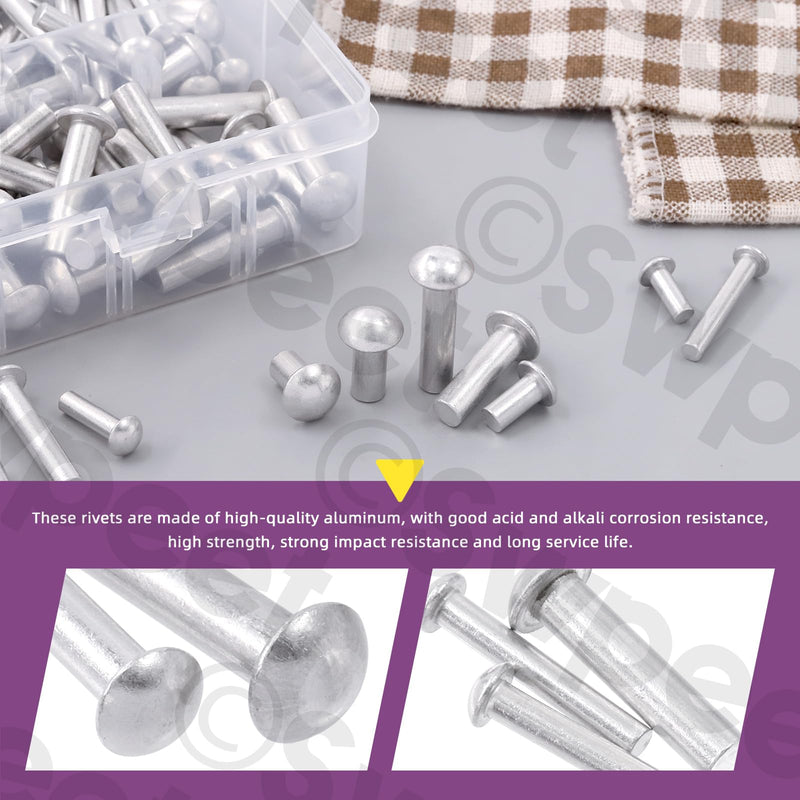 Swpeet 300 Pack M4 M5 M6 × 10mm 14mm 20mm 25mm Solid Aluminum Brazier Head Rivets, Aluminum Rivet, Plain Finish, Universal Head, High Corrosion Resistance for Repairing Boats, Aircraft, Making Armor