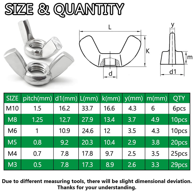 100PCS Metric Sizes Wing Nuts Assortment Kit, 304 Stainless Steel M3, M4, M5, M6, M8, M10, Parts Butterfly Wing Nut, Wingnuts Fasteners M3 -M10 (100PCS)