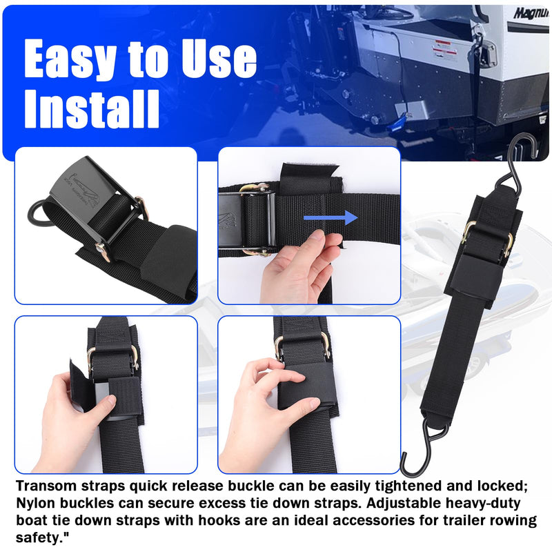 Boat Trailer Tie Down Straps, for Yamaha Watercraft PWC Adjustable Boat Trailer Straps, with Quick Release Buckle & Anti-Scratch Hooks 2 Inch x 24 Inch for Trailer、Boat or Kayak Secure - 2PCS (Black)