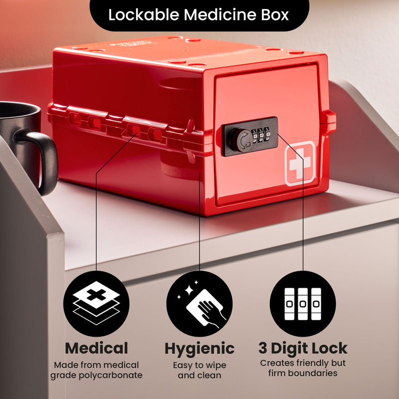 Lockabox Mini™ | Small Medicine Lock Box with Combination Lock (Half Letter Sized) | Mini Medical Lockable Box For Tablets, Creams & Medical Pens | External Size 8.8 x 6.1 x 4.7 Inches (Medi Red) Medi Red