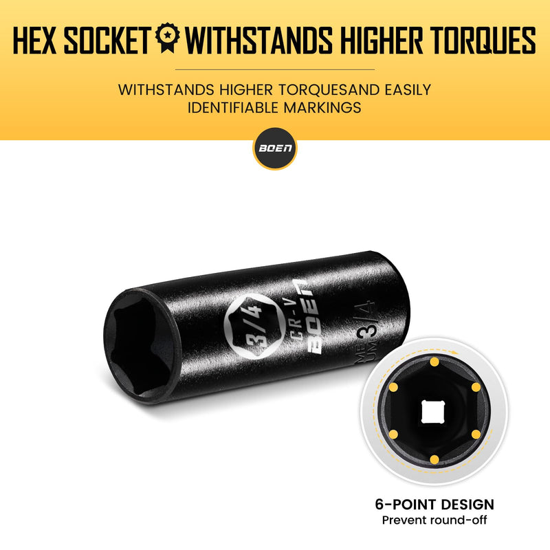 BOEN 1/2" Drive Deep Impact Sockets, Premium Impact Socket, 3/4 Inch Socket, SAE, 6 Point, Cr-V Steel with Laser Marking - Strong and Durable