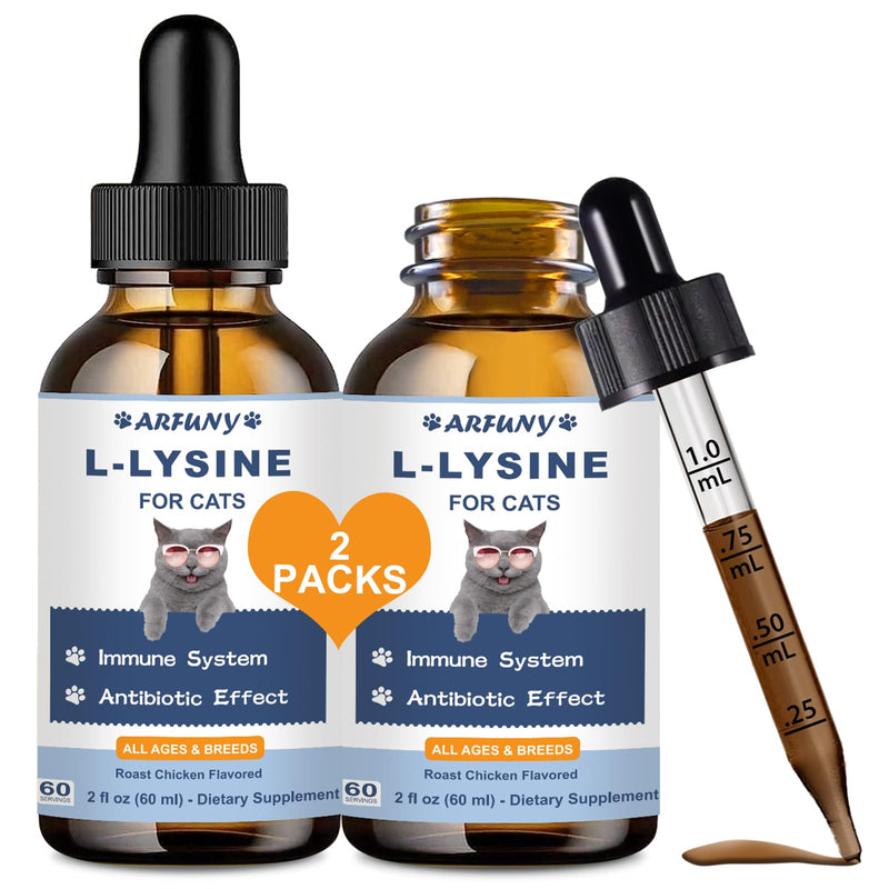 Lysine for Cats - 2 Packs Cat Lysine Drops - Sneezing Treatment, Nasal Relief - Feline Upper Respiratory Infection, Runny Nose, Eye Function - Immune Support - Roast Chicken Flavor