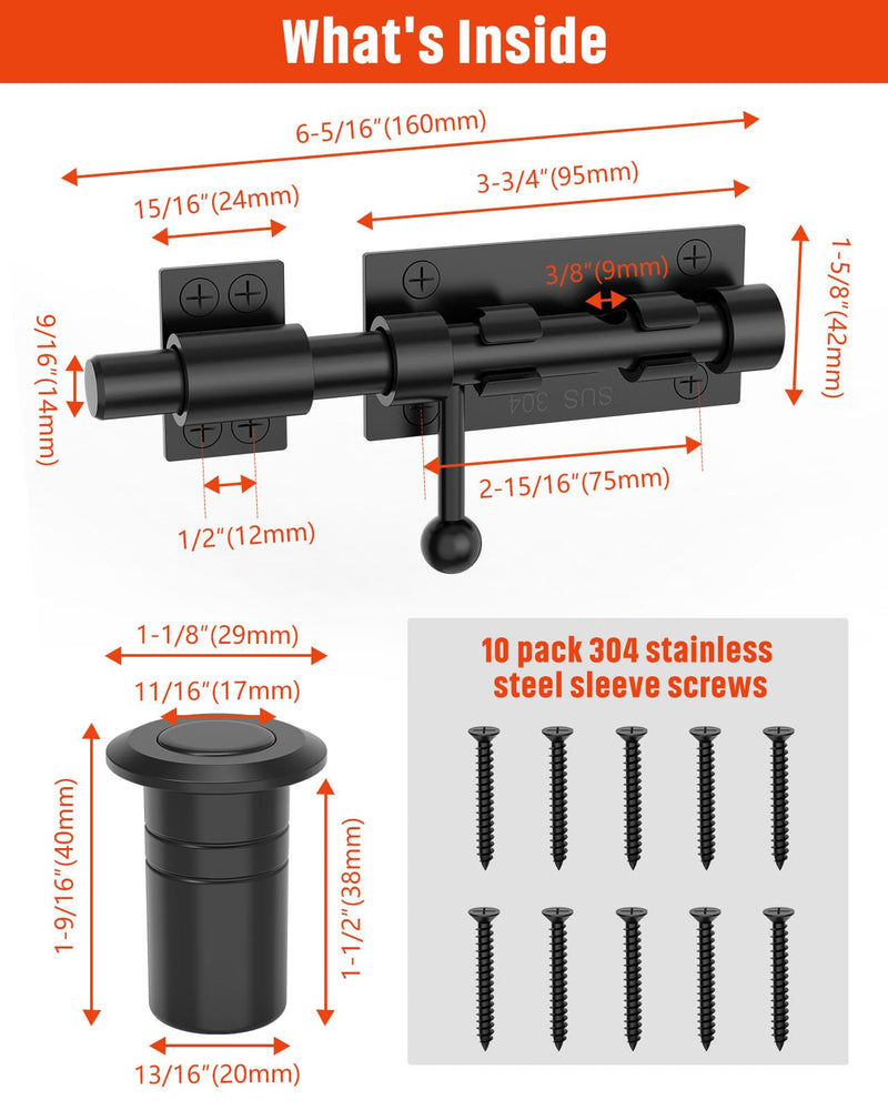 Heavy Duty Slide Bolt Gate Latch Hardware, 6.3 Inch Solid 304 Stainless Steel Latches Electroplating Finish, Barrel Bolt Lock for Wooden Fence, Yard Door, Barn Door, Shed Door, Interior Black - 1 Pack