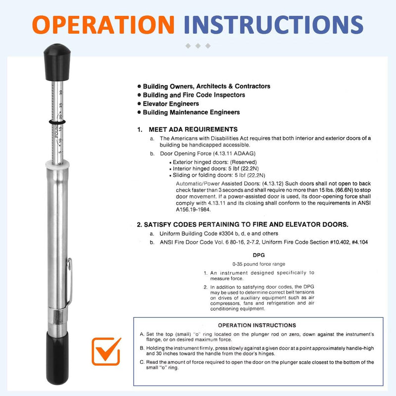Door Pressure Gauge 0-35 Lbs with Plastic Protective Tube，Door Testing Tool That Meets ADA Requirements
