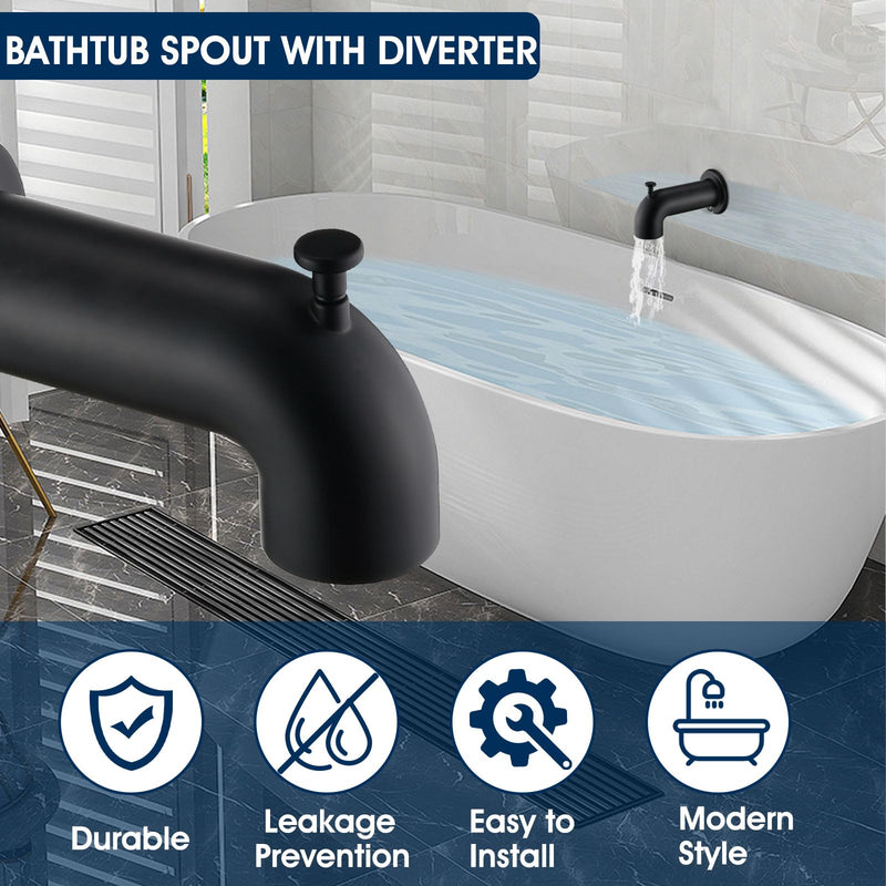 Slip-On Tub Spout with Diverter Long for Bathtub Spout, Fit for 1/2 Inch Slip Pipe, Matte Black