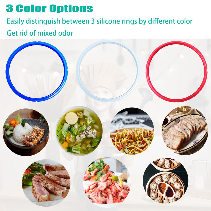 Silicone Sealing Ring for InstaPot - 3 Pcs Replacement Silicone Gasket Seal Rings with 3 Colors(Red, Clear and Blue) - Gasket Accessories for 5/6 Qt InstaPot 6 Quarts
