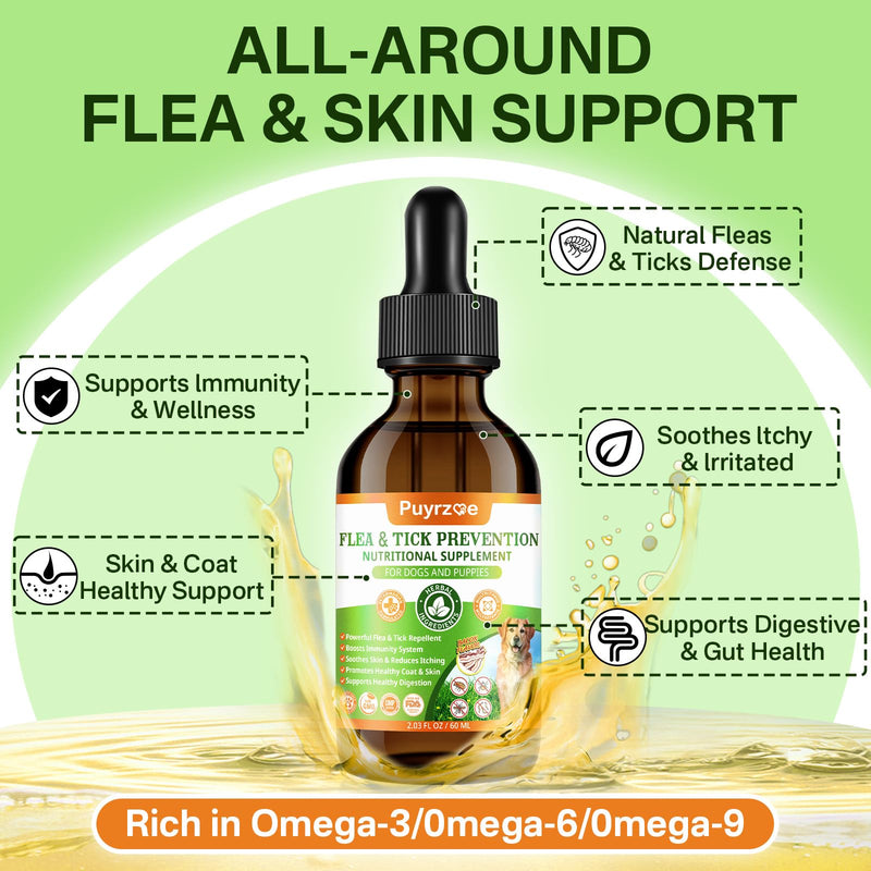 Puyrzoe Dog Flea Treatment Drops, Natural Oral Flea and Tick Prevention for Dogs with Pumpkin Seed, Echinacea, Omega-3/6/9- Support Immunity, Healthy Skin & Coat, Digestion & Overall Wellness
