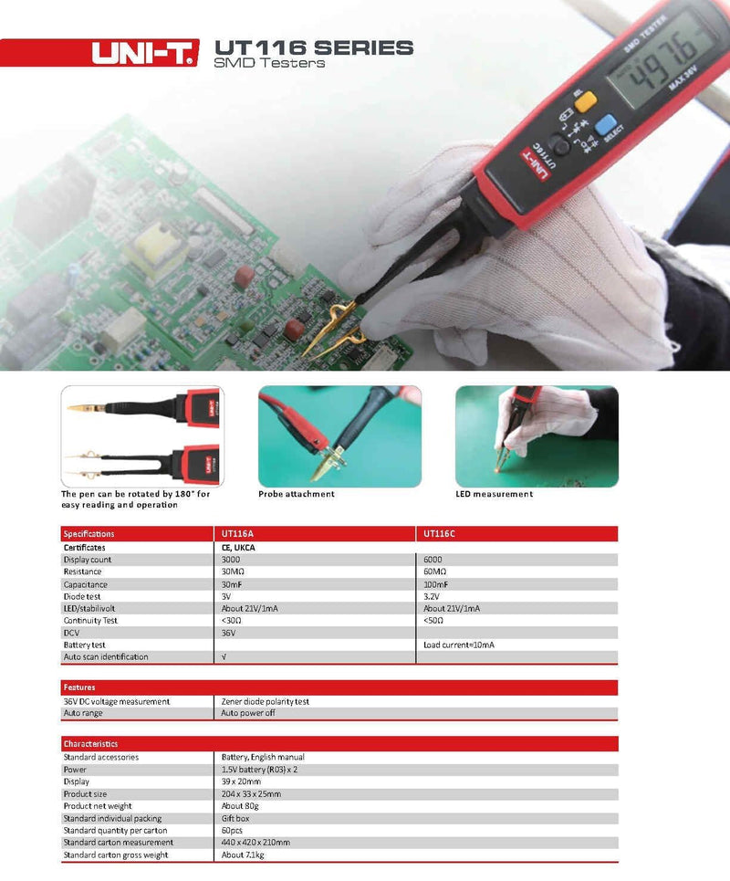 UNI-T Uni-Trend Multimeter clamp Meter UT116A UT116C Digital Tweezers Smart SMD Tester Electrical Multimeter Resistance Capacitance Continuity Diode Test Meter(UT116A) UNI-T UT116A