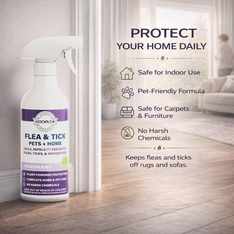 Flea Spray for Home & Pets - Flea and Tick Prevention for Dogs - Plant Based Repellent with Natural Essential Oils for Dog Flea Treatment Protection - Rosemary Scent - 16 Fl Oz