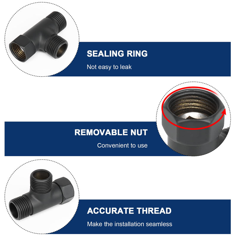 NearMoon Solid Brass G1/2" 3 Way Diverter Valve - Hose Fitting Tee, T Shape Adapter Connector for Angle Valve Hose, Bath Shower Arm, and Toilet Bidet Sprayer Faucet (Matte Black) Matte Black