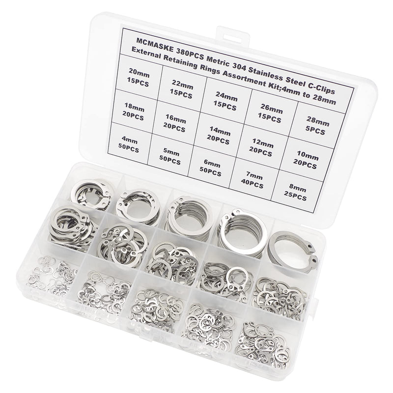 380PCS Metric 4mm-28mm 304 Stainless Steel C-Clips External Retaining Rings Assortment Kit