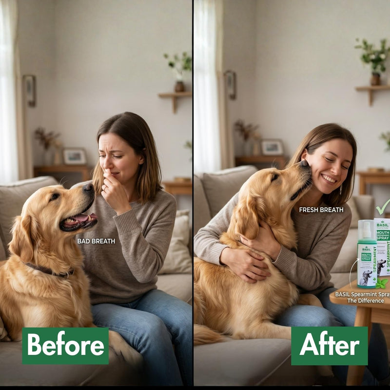 BASIL Dog Dental Spray for Teeth Cleaning & Bad Breath | Spearmint Fresh Breath for Dogs | Teeth and Gum Care | Easy-to-Use Pet Dental Spray for Everyday Use - (4.4 oz)