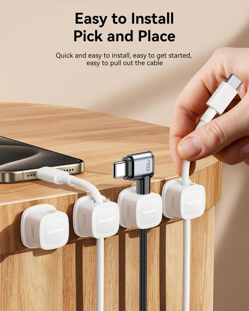 6-Pack Magnetic Cable Clips Cord Organizer-Cable Smooth Adjustable, Rocoren Desk Cable Management Accessories,Cable Holder Clips Wire Holder Keeper for Desktop,Nightstand,Wall,Home Office,Phone,Car 6white 6Pack