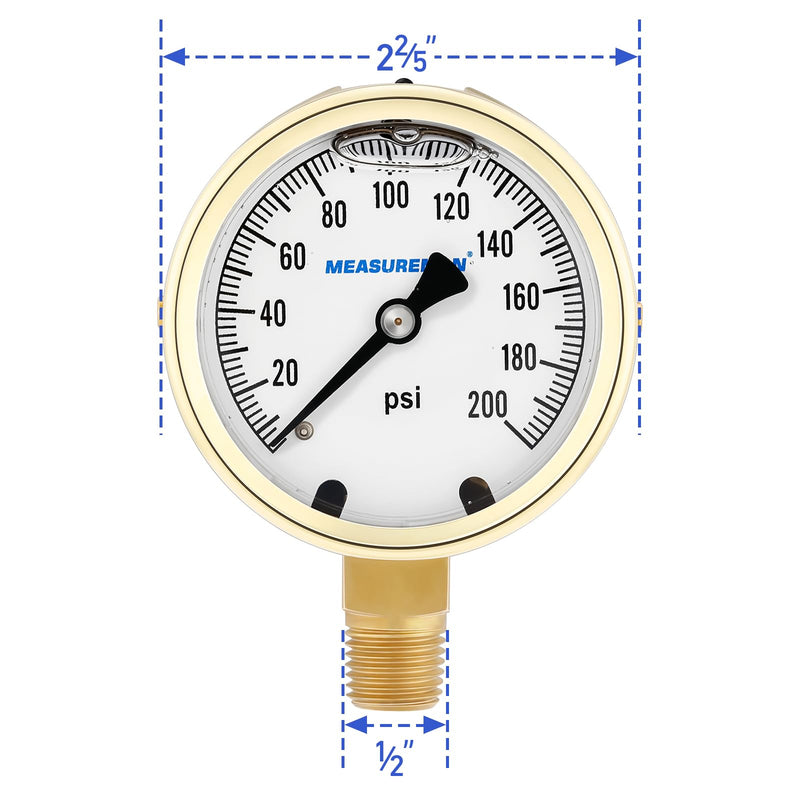 MEASUREMAN Fully Brass Hydraulic Glycerin-Filled Pressure Gauge, 2-1/2” Dial, 1/4” NPT Lower Mount, 0-200 PSI/KPA, for Measuring Non-Corrosive Gas and Liquid Pressure