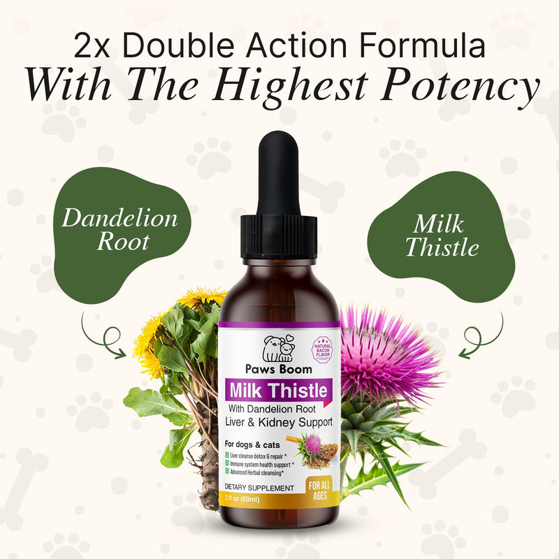 Milk Thistle for Dogs and Cats | Liver Cleanse Detox & Repair with Dandelion Root | Kidney Support Supplement| Herbal Remedy | Denamarin for Dogs| Natural Liquid Vitamins| Bacon Flavor | 2 oz (60 ml)