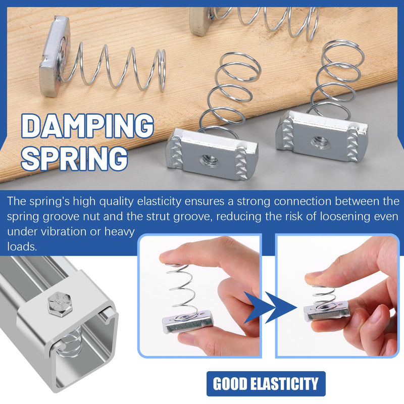 Glarks 10pcs Strut Channel Nuts with Standard Spring Kit, Thread 1/4in Spring Channel Nuts, Long Spring Nuts, Spring Strut Nuts for Strut Channel Mounts Solar Panel 1/4"