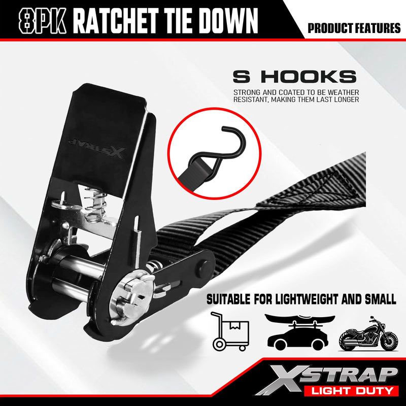 XSTRAP STANDARD Ratchet Tie Down Straps 8PK 1'' x 10 ft - 900 LB Break Strength Cargo Straps for Moving Appliances, Lawn Equipment, Motorcycle (Black) 8pk 1inchx10ft Black