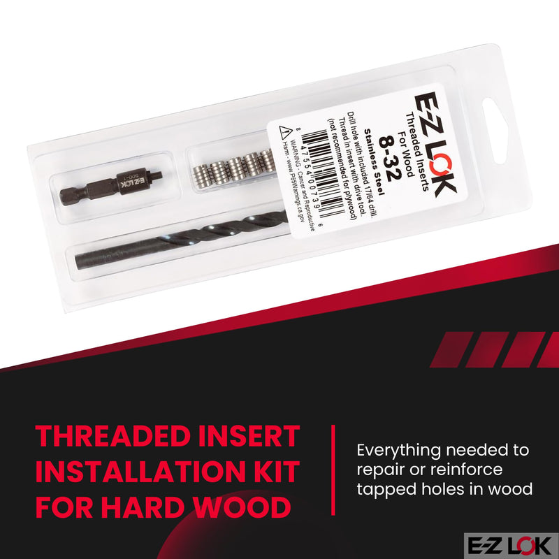E-Z LOK 400-008-CR Thread Installation Kit for Hard Wood Stainless Steel Threaded Inserts 8-32 (10), Drill, Installation Tool