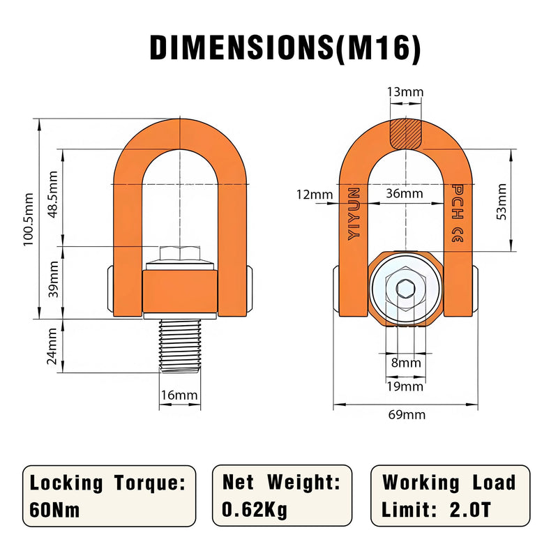 2 Pack Swivel Hoist Rings M16 x 24 WLL 2.0T, Positions & Hovers at Any Angle, 360° Swivel Eye Bolt with 4:1 Safety Factor, 180° Load Range, Corrosion Resistant Alloy Steel Heavy Duty Lifting Fitting
