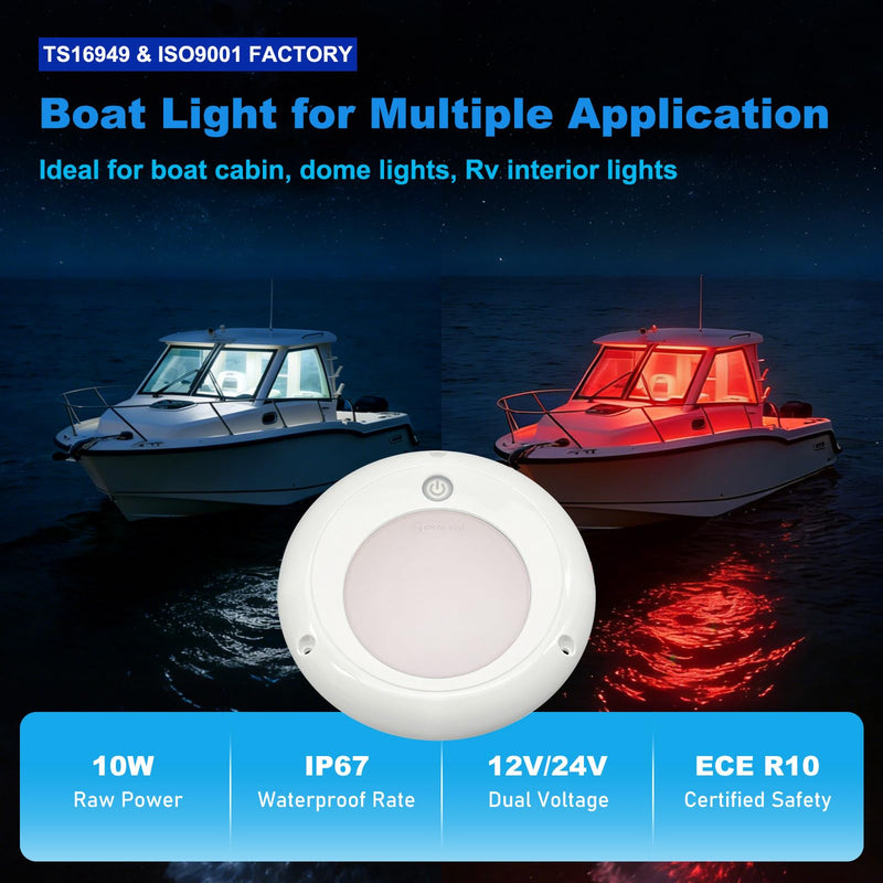 Marine Boat Dome Light, 5’’ Dual Color Boat Interior Lights with Touch Dimmer, 12V/24V Deck Cabin LED Lighting, IP67 Waterproof LED Dome Light for Boat RV UTV (White | Red) White | Red