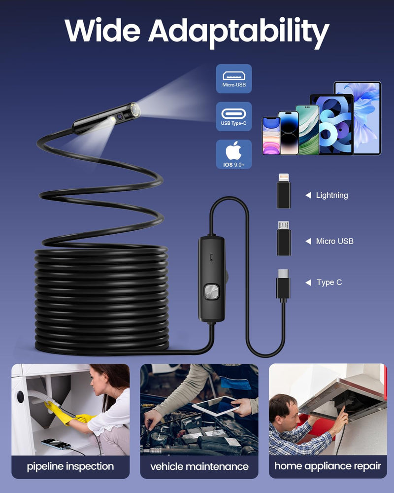Endoscope Camera with Light, 1920P HD Borescope Pipe Inspection Camera with 8 LED Lights, Waterproof 16.4FT Semi-Rigid Snake Camera, Industrial Bore Scope for iPhone Android Phone Dual Lens