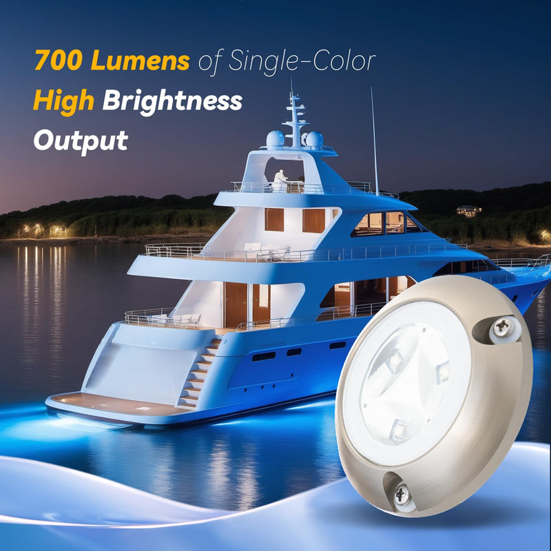 Marine-Grade Underwater LED Boat Lights, 700 Lumens of Single Color High Output Light, Ideal for Boats, Tugs, Fishing, Dinghies, Compatible with 10-30V DC Power Systems, Sold in Pairs Blue Underwater LED Boat Lights Gold
