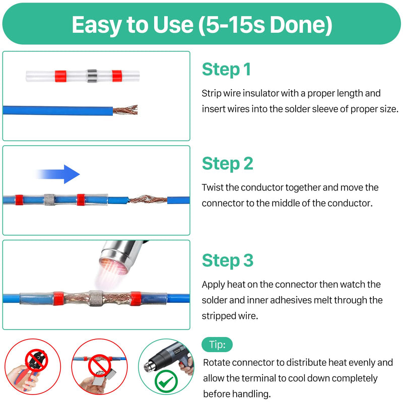 200PCS Solder Seal Wire Connectors Kit, Upgraded Heat Shrink Butt Wire Connectors, Waterproof Electrical Butt Splice Wire Terminals for Marine Automotive Trailer RV Boat Truck Wiring