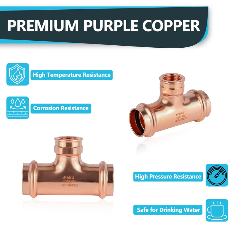 1Pack Seelink Press Copper Female Tee, 1"P x 1"P x 3/4"FPT(PRESS081-1)