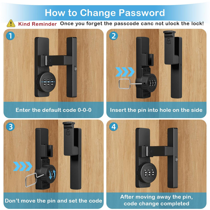 Keyless Barn Door Lock - 3-Digit Password Security Latches for Sliding Doors/Bifold French Gates/Garage/Cabinet/Shed（90 Degree Flip,Black, Heavy Duty Anti-Rust Design）