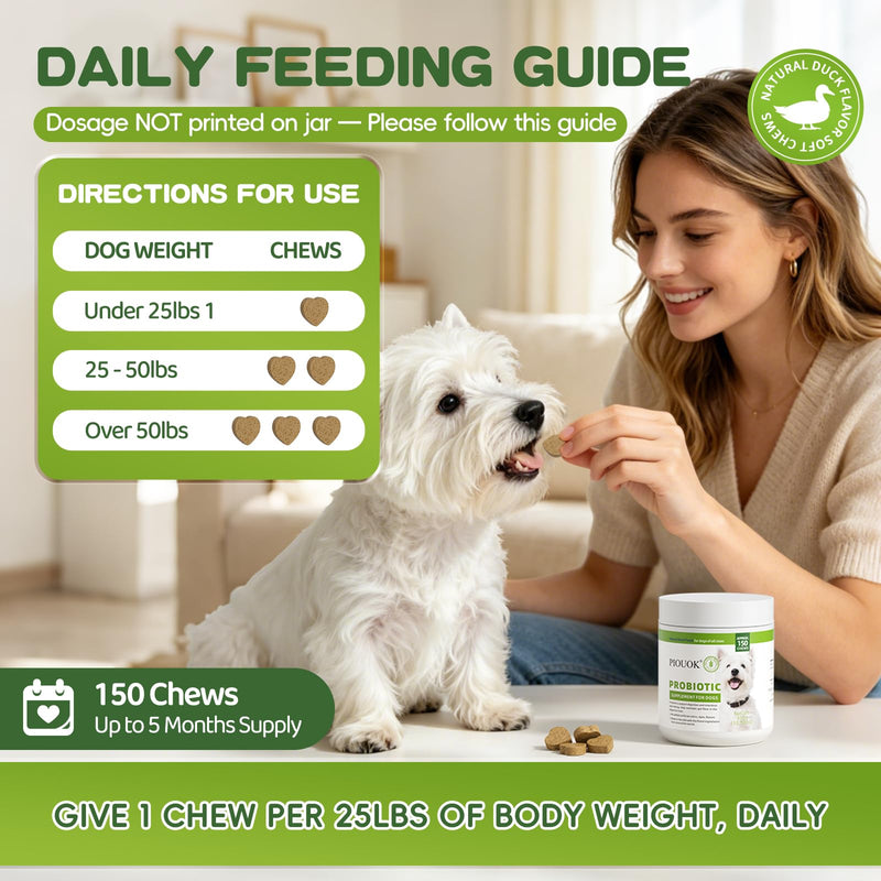 Probiotics for Dogs - 150 Soft Chew, Dog Probiotics for Digestive Health and Diarrhea, Allergies & Immune Support Dog Probiotic Supplement, Daily Probiotics for All Dogs, Natural Duck Flavor 150ct