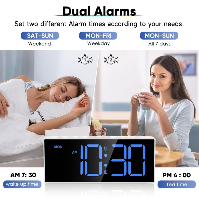 Alarm Clock with Large Display Big Numbers,5 Levels Brightness，Snooze,USB Charging Port,LED and Mirror Desk Clock,Dual Alarms Modern Electronic Clock for Bedroom Home Living Room Office. (White) White