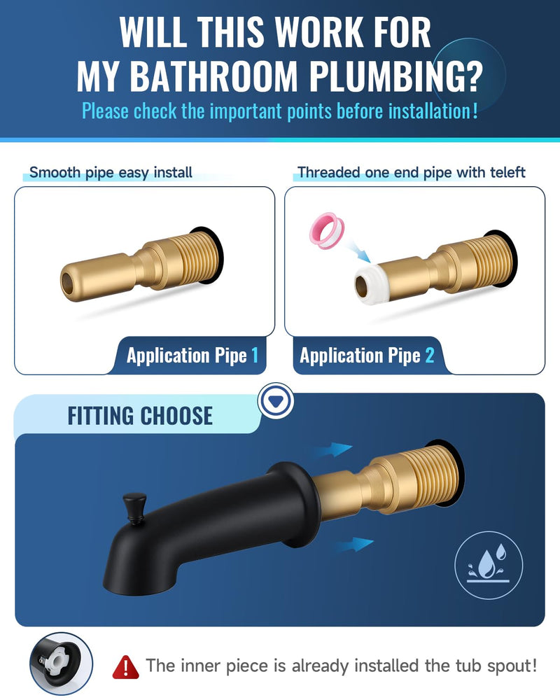 Slip On Bathtub Spout with Diverter, Extra Long 6 Inch Bathtub Spigot, Shower Spout with PTFE Tape & Hex Wrench, Fits for 1/2" IPS Threads,Matte Black Matte Black