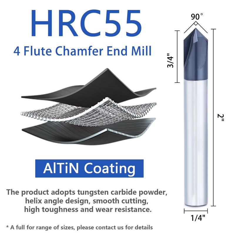 Carbide Chamfer End Mill 90 Degree 1/4" Shank Dia - V Groove, AlTiN Coated 4 Flute - for Alloy Steels,Hardened Steels 1/4 in 90°