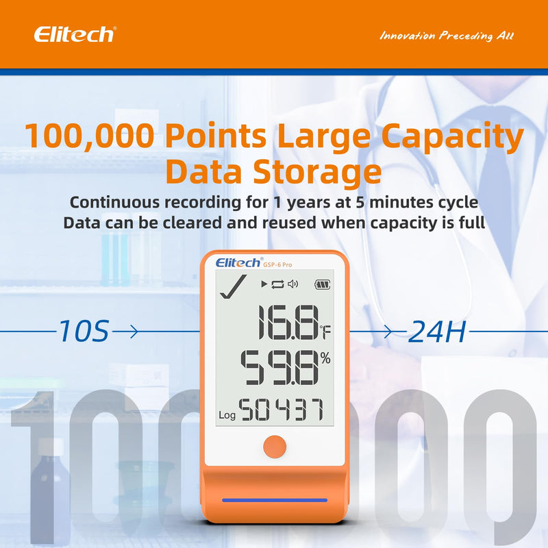 Elitech Bluetooth Hygrometer Thermometer Data Logger Temperature Humidity with Shadow Data 100000 Points Data Storage Export, Pharmacy Vaccine DDL Calibration Certificate, MAX MIN AVR MKT GSP-6Pro GSP-6Pro, T&H Probe 1