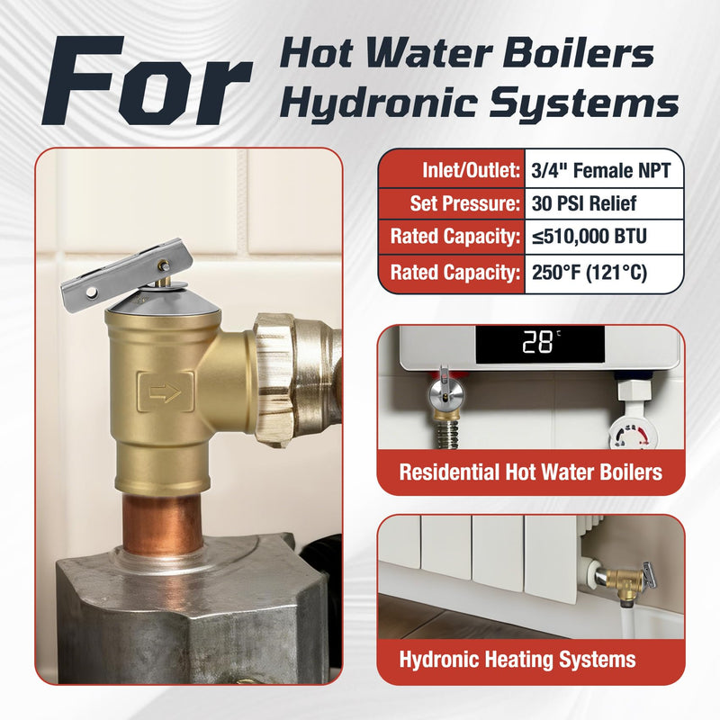 3/4" FNPT Female Inlet & Outlet – 30 PSI Automatic Pressure Relief Valve for Hot Water Boilers & Hydronic Heating Systems, Durable Lead-Free Brass, Up to 510,000 BTU