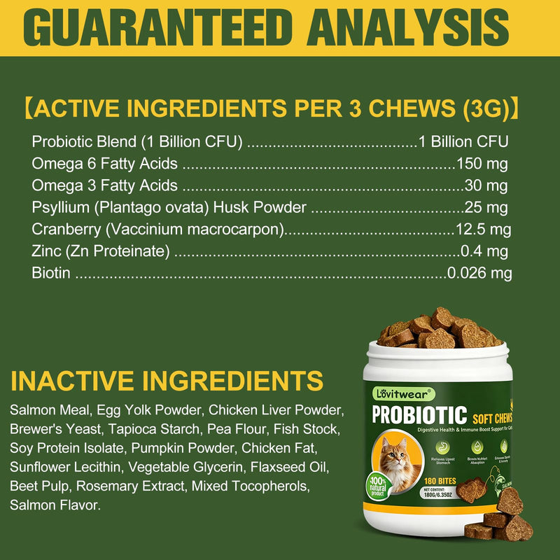 Cat Probiotic Soft Chews, Salmon Flavor, 1B CFU, Grain-Free, Omega 3&6, Cranberry, Gut Health & Digestive Support B