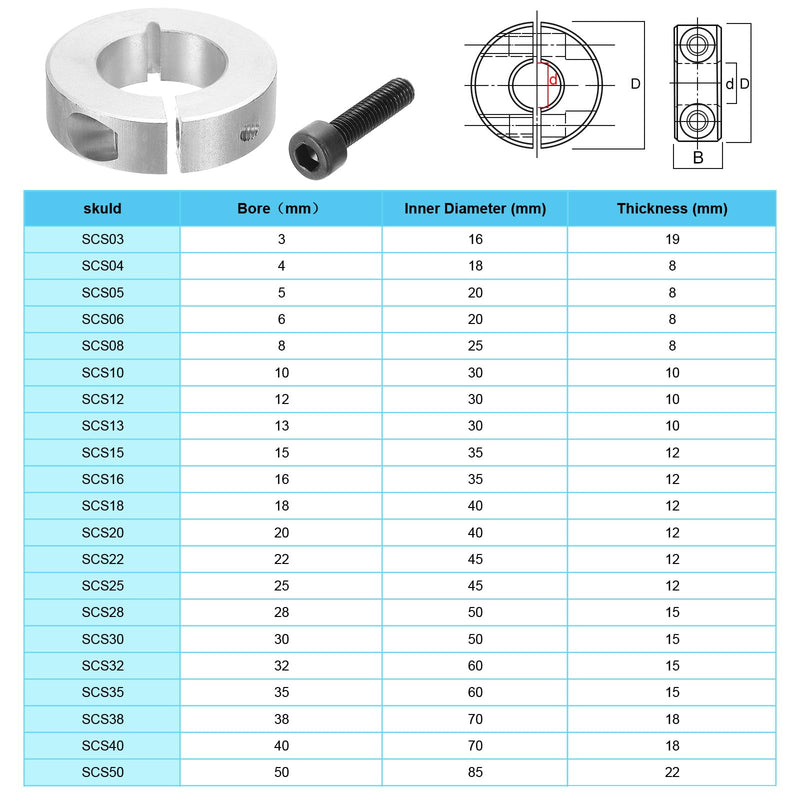 PATIKIL Bore 6mm Double Split Shaft Collar 20mm OD 8mm Thickness, 4 Pack Aluminum Alloy Locking Collar Clamp Style with Set Screw for Machine Tools Industry, Silver 6mm/1/4inch