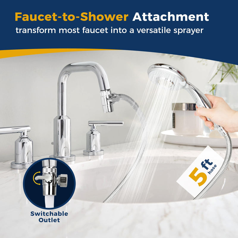 KLLEYNA Shower Head Hose Attachment for Sink/Tub Faucet - ON/OFF Jets Sprayer for Dog Wash/Bathtub Cleaning/Baby Bath/Hair Rinse, Tap Extender Water Nozzle for Bathroom Kitchen Utility Garden Basement Silver A