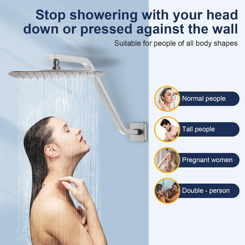 Square Shower Head Extension Arm with Flange, 16.5 Inch Z/S Shaped High Rise Shower Pipe Extender Wall-Mounted for Fixed Bathroom, Shower Head Goose Neck Arm - Extra Long Thread (Brushed Nickle) Brushed Nickle
