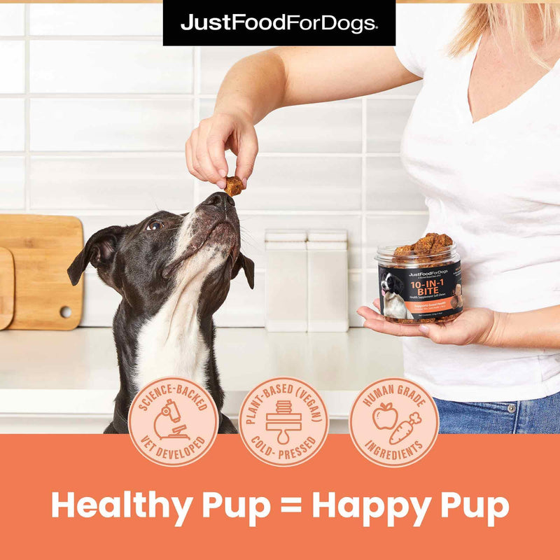 JustFoodForDogs 10-in-1 Supplement for Dogs, Human Grade Dog Supplements, Multivitamin Soft Chews, Immune, Skin and Joint Support, Omega 3 Oil, Superfood Blend, Plant Based Dog Vitamins - 45 Count 10-in-1 Bite