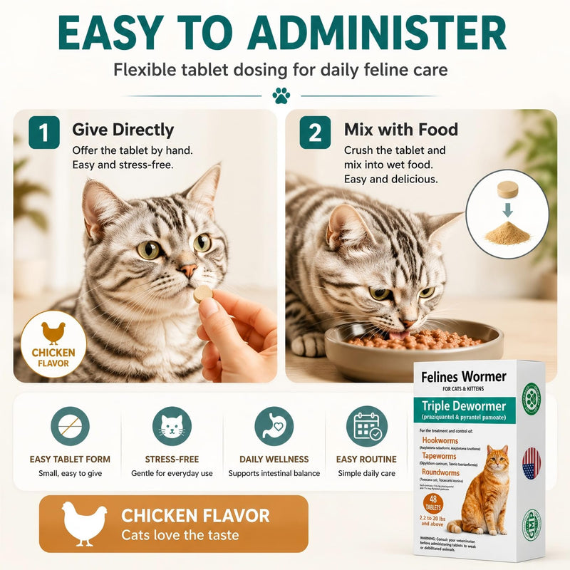 Cat Dewormer for Cats & Kittens –Broad Spectrum Triple Wormer Tablets with Praziquantel & Pyrantel Pamoate for Tapeworms, Roundworms & Hookworms, 48 Tablets