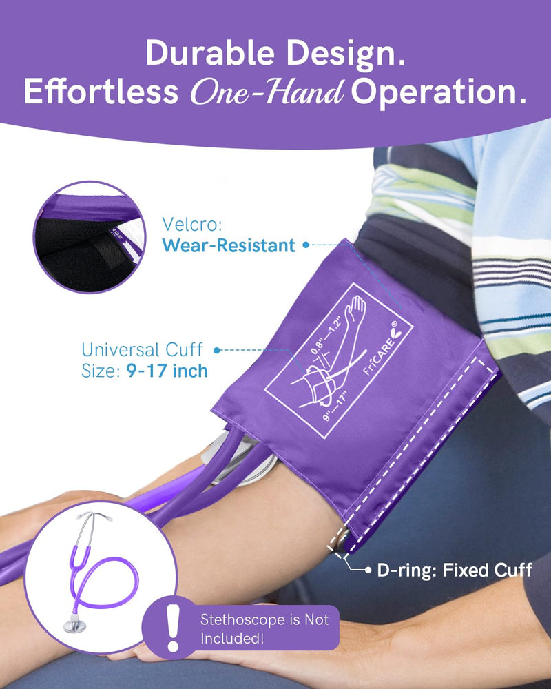 FriCARE Manual Blood Pressure Cuff Kit for Nursing Students - BP Cuff for Home Health Use - Sphygmomanometer for Medical School Essentials - Lifetime Calibration Support, Carrying Case, XL, Purple Roland Purple