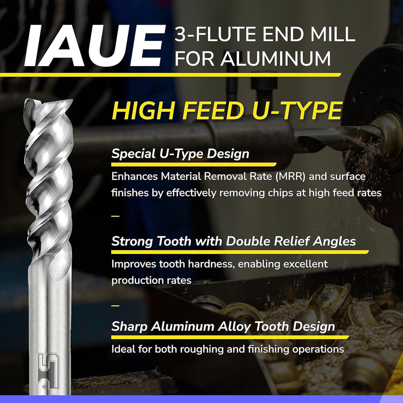 SPEED TIGER Carbide Square End Mill - 3 Flute - IAUE1/4 3 (1 Piece, 1/4") - High Feed U-Type Design - for Roughing and Finishing - for Milling Aluminum Applications – Professional Mill Bits Sets 1/4 in