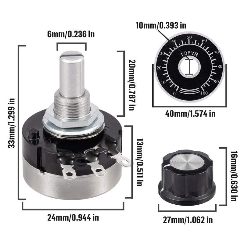 RV24YN20S B103 10K Potentiometer 10000 Ohm Single Turn Rotary Film Carbon Potentometers wtih 2pcs A03 Knob and 2pcs Dials (Pack of 6Pcs) B103-10K