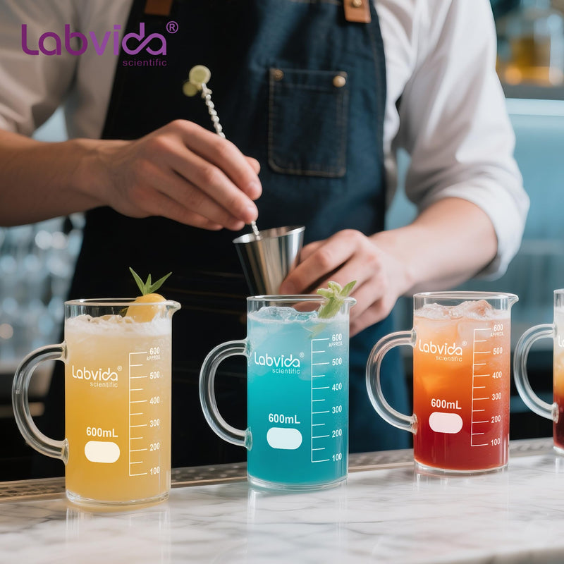Glass Beaker with Handle, 4PCS of Vol. 500ml, 3.3 Borosilicate Griffin Low Form with Printed Graduation,LVAT002