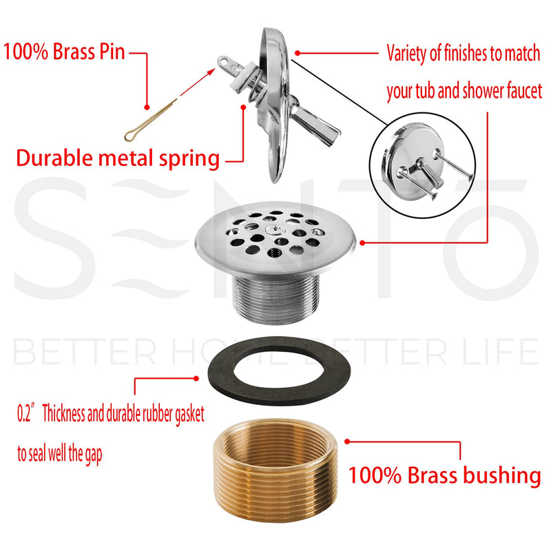 SENTO Chrome Trip Lever Bathtub Drain Assembly Stopper Kit, Fit Both 1-1/2 Inch or 1-5/8 Inch Strainer and Stopper, Heavy Duty Metal with Matching Screws, Easy Installation, Polished Chrome