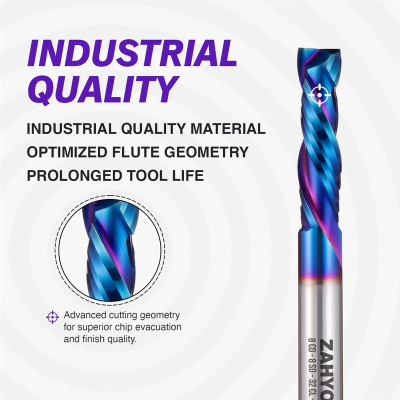 8mm Shank Compression Spiral CNC Router Bit, 8mm Cutting Diameter, 8mm Shank Diameter - 32mm Cutting Diameter - 75mm Overall Length, 2 Flute Nano Coated CNC End Mill