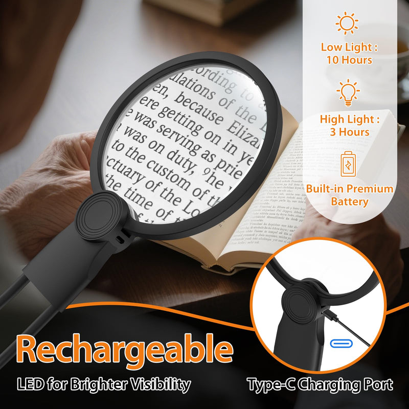 Hands-Free Magnifying Glass with Light, 5X Neck Magnifier for Close Work, Reading Small Print, Cross Stitch, Sewing & Crafts, Rechargeable Lighted Magnifier, Vision Aid for Seniors & Low Vision