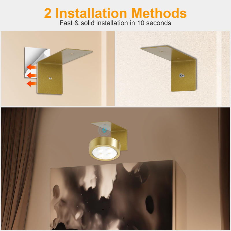 3Pcs Battery Operated Picture Light, Magnetic Led Painting Light with Remote Dimmable and Timer, 3 Lighting Modes Art Display Light for Picture Frame Paintings, Wireless Wall Decor Puck Lights, Gold Gold, Battery Operated 3 Pack