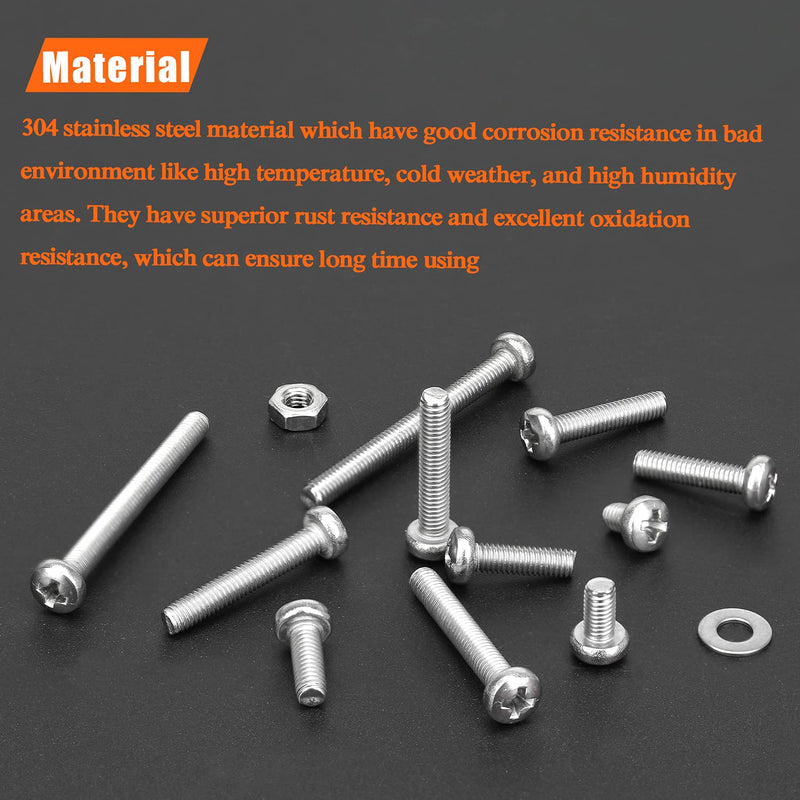 485 Pieces M3 x 4mm /6mm /8mm /10mm /12mm /14mm /16mm /18mm /20mm /25mm / 30mm, Phillips Pan Head Machine Screws, Metric Screws Bolts Washers Nuts Kit, 304 Stainless Steel 485 Pieces M3 Screw Kit